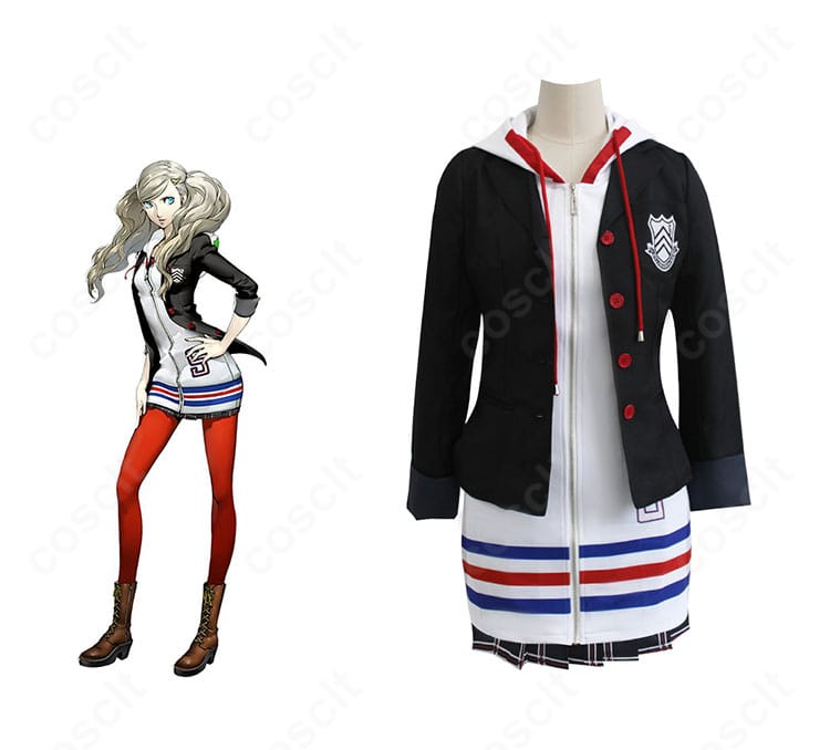 高巻杏の秀尽学園女子制服を再現したコスプレ衣装とキャラクターイメージの合成。レイヤードとシルエットの再現度がわかる正面画像。