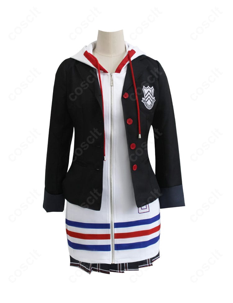 ペルソナ5 高巻杏の学生服スタイルを正面から撮影。コートと白パーカー、スカート、タイツの4点セットが確認できる写真。