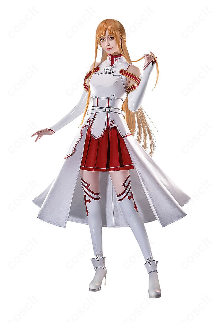 アスナコスプレ衣装の左側面ディテール。スカートの落ち感とベルト位置のバランスを示す