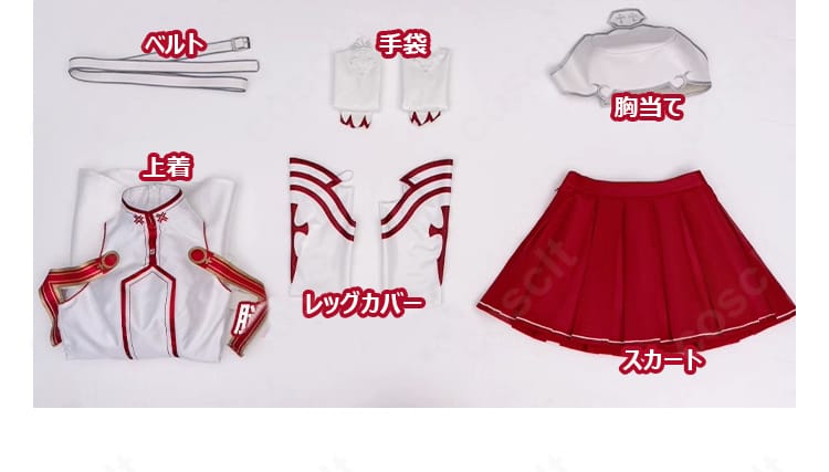 アスナコスプレ衣装のセット内容展示。上着・スカート・ベルト・胸当て・レッグカバー・手袋の6点