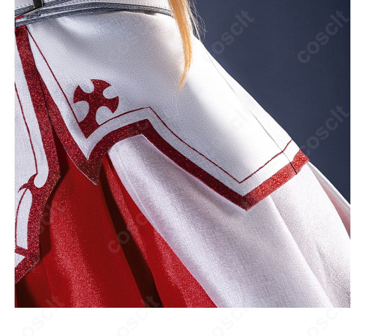 アスナコスプレ衣装の衣裾装飾ディテール。白地のカットラインと赤の縁取りを強調
