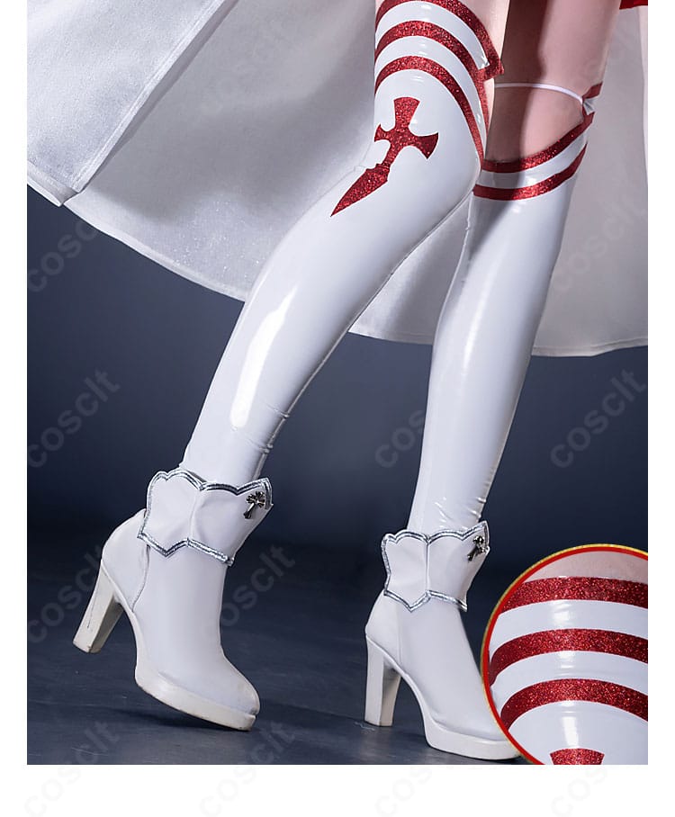 アスナコスプレ衣装のブーツ風レッグカバー装飾。赤ラインと留め位置の構成を説明