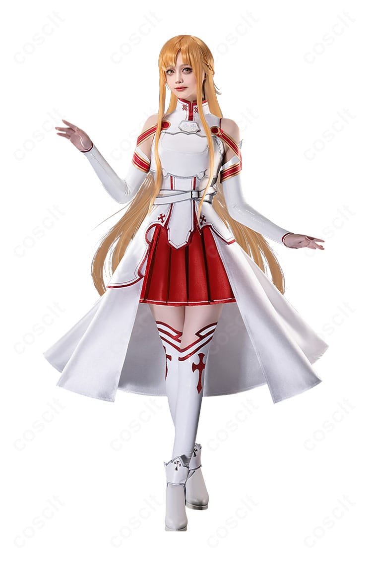 アスナコスプレ衣装の正面アップ。胸当てと赤ラインの配置、シンメトリー感を確認