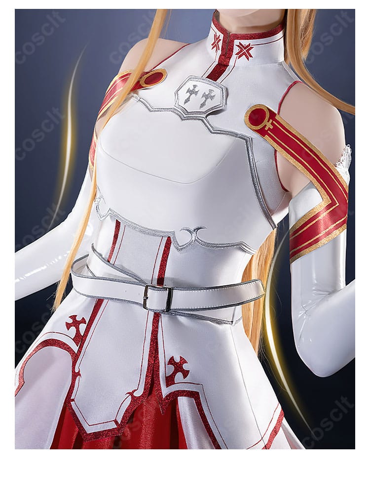 アスナコスプレ衣装の装飾全体。胸当て・ベルト・袖口の赤ラインと白地のコントラストが映える