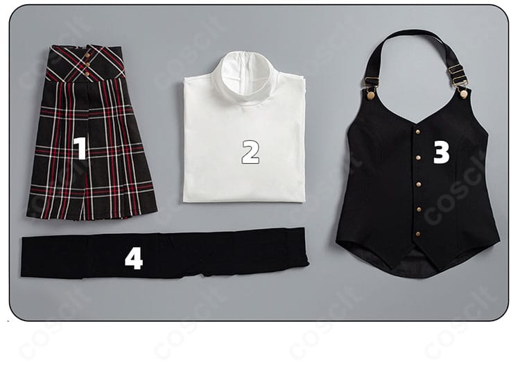 ペルソナ5 新島真 学生Ver.制服コスプレのセット内容。スカート・インナー・ベスト・靴下の4点構成を並べた写真。