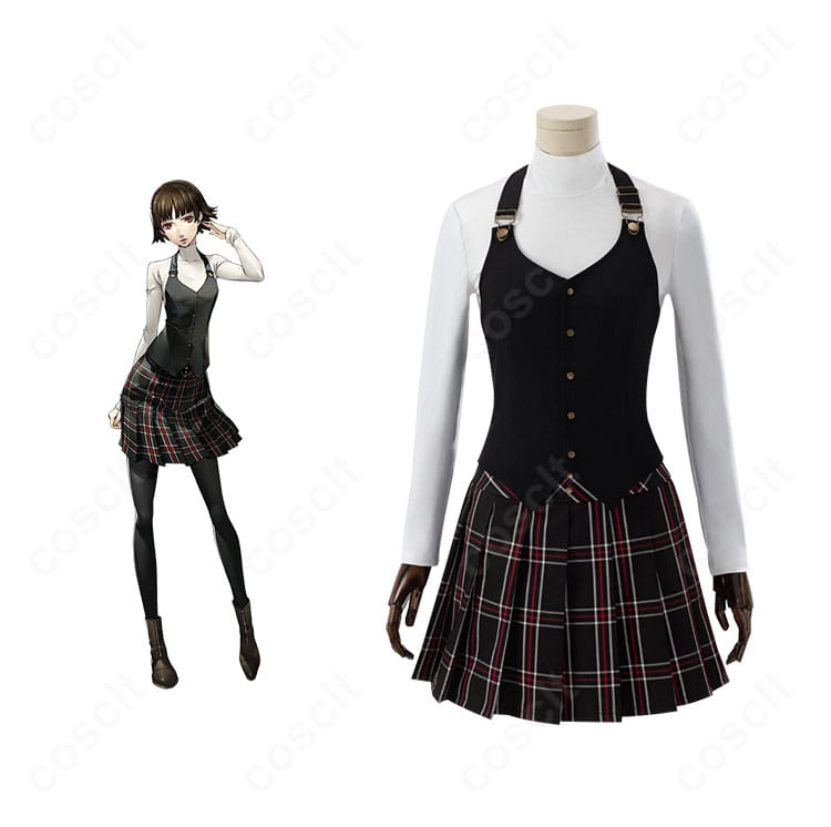 ペルソナ5 新島真 学生Ver.制服コスプレの正面全身とキャラ参考画像。高再現シルエットと落ち着いた色味がわかる構図。