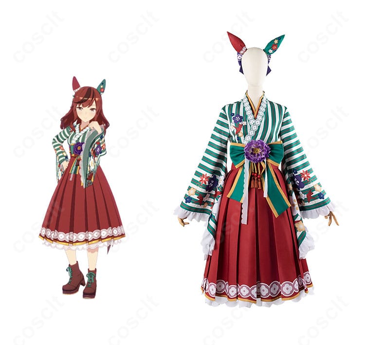 ウマ娘 プリティーダービー ナイスネイチャ 正月衣装コスプレの正面全体とキャラクター参考の組み合わせ画像