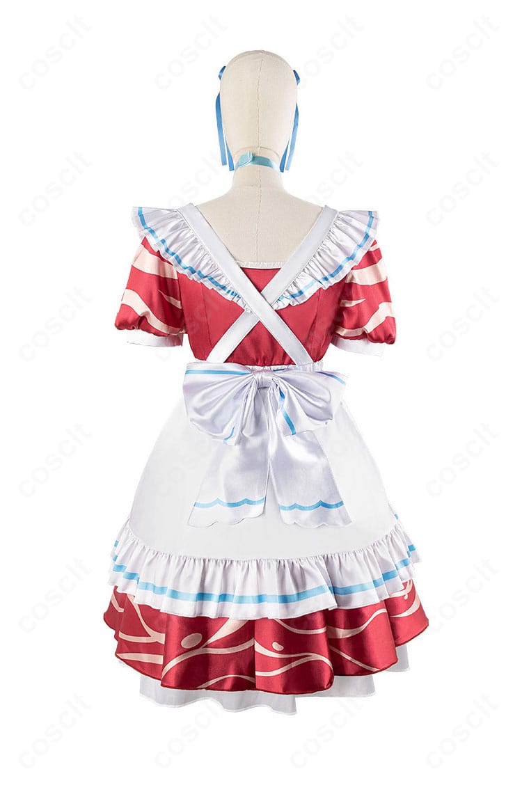 赤見かるび メイド服の背面全体。背中のデザインラインとリボン位置、裾のバランスが見える画像。