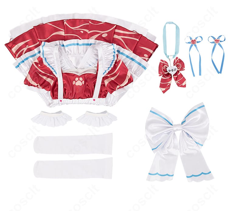 赤見かるび メイド服コスプレのセット内容一覧。ワンピース、背部蝶結び、靴下、髪飾り、首飾りを見やすく配置。