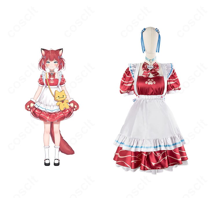 赤見かるびのメイド服コスプレ一式とキャラクターイメージを並置したカット。高再現の配色とリボン装飾が映える構図。