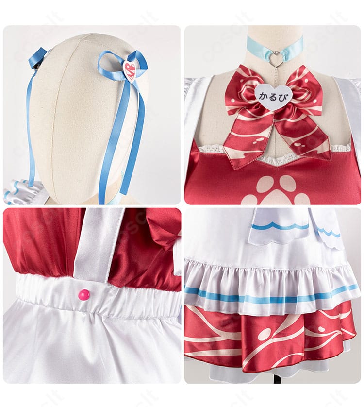 赤見かるび コスプレ衣装の小物アップ。髪飾り・首元リボン・スカート装飾など可愛らしいアクセントの集合カット。