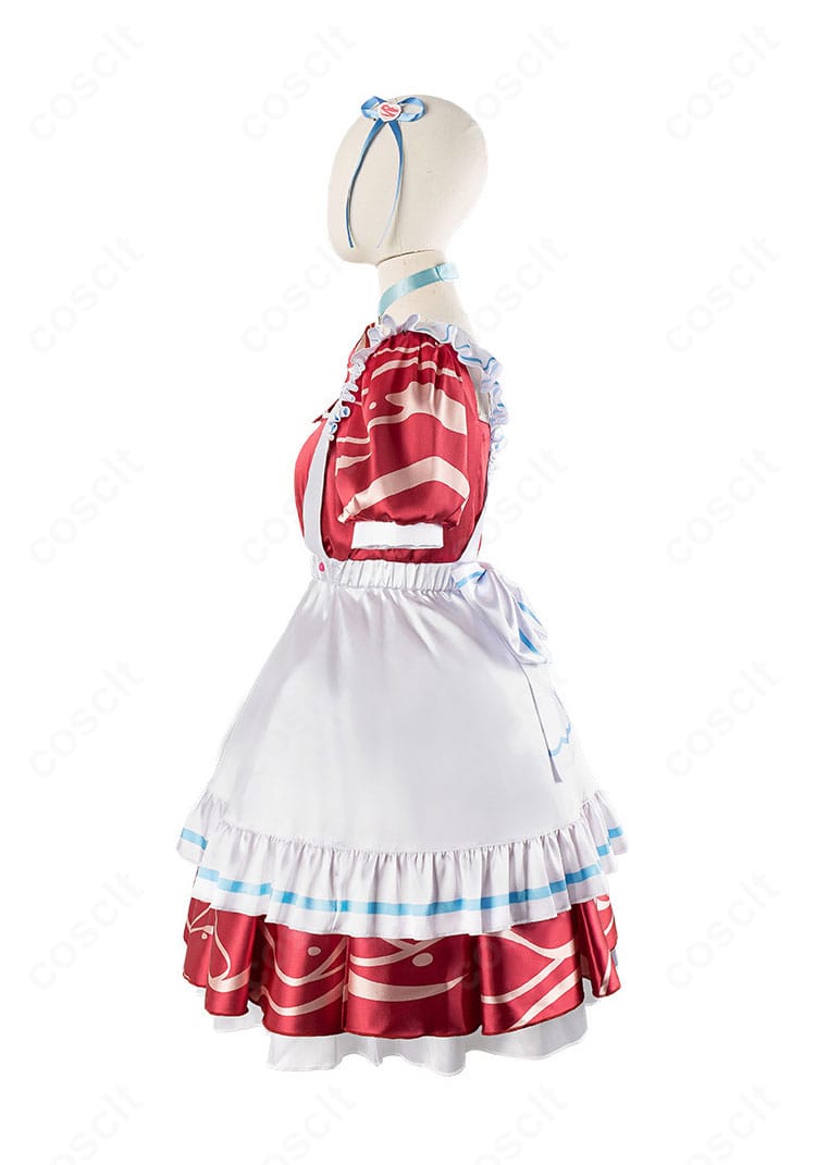 赤見かるび メイド服の左側ディテール。背部の大きな蝶結びと装飾パーツの配置が分かる角度。