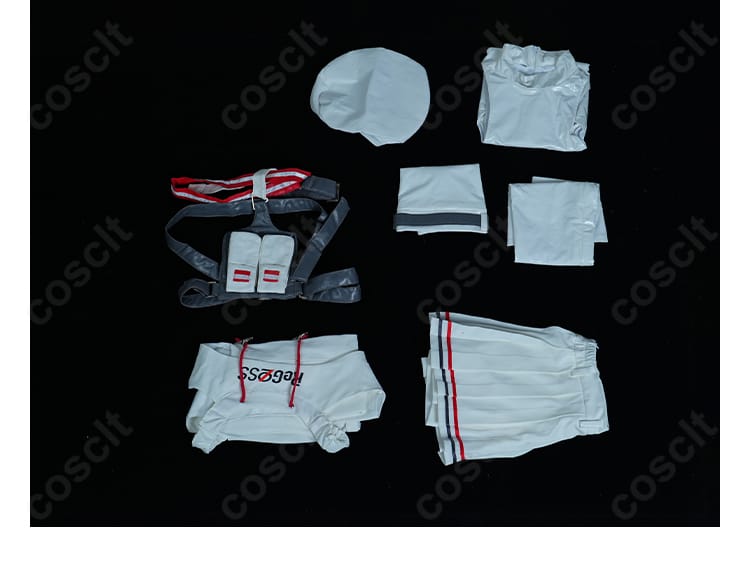 ホロライブ ReGLOSS 轟はじめ コスプレ衣装セット内容一式。コート、インナー、スカート、帽子、ウエストポーチ、靴下、太もも飾りを並べて表示。