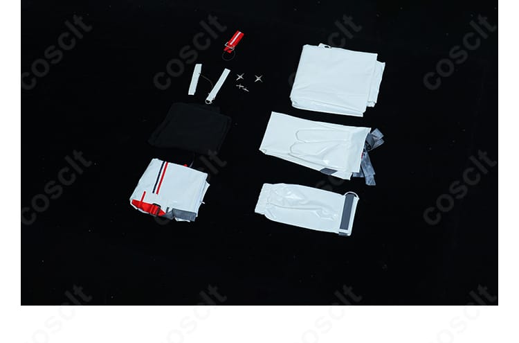 セット内容一覧画像：上着、トップス、スカート、アームカバー、腕飾り、靴下、胸飾り、髪飾りを並べた確認用カット。