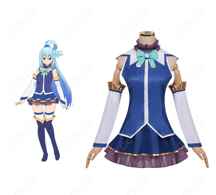 アクアのコスプレ衣装 正面全体とキャラクター比較。鮮やかなブルー配色と装飾まで高再現のセット。