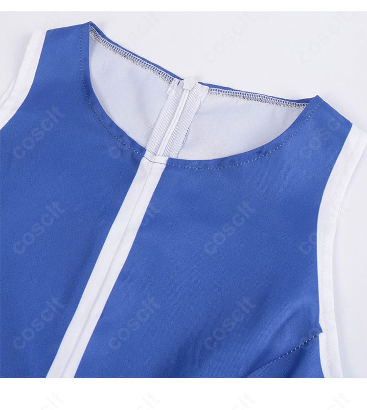 アクア衣装の襟元装飾アップ。つけ襟の刺繍と配色トリムの精巧な仕上がり。