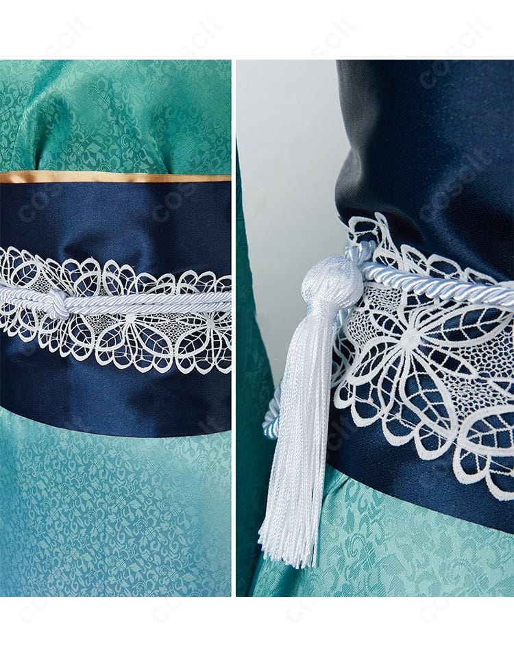 腰紐装飾のクローズアップ|和装コスプレの紐飾りの質感と結びの仕立てを示す接写