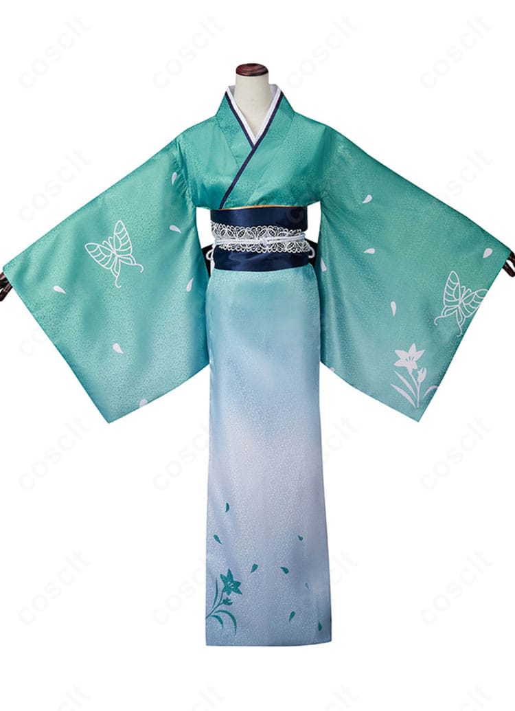 商品正面図|FGO モルガン 和装コスプレ衣装の重ね衿と帯位置、上品な配色が分かる正面ショット