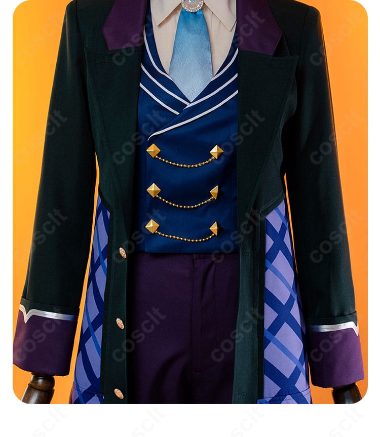 コートの装飾細部。ボタン、エンブレム風パーツ、ステッチワークを示すクローズアップ