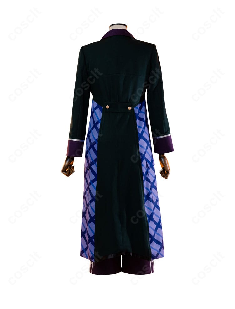 プロジェクトセカイ 神代類 コスプレ衣装の背面全身。コートのラインと背面装飾、裾の落ち感が分かる画像