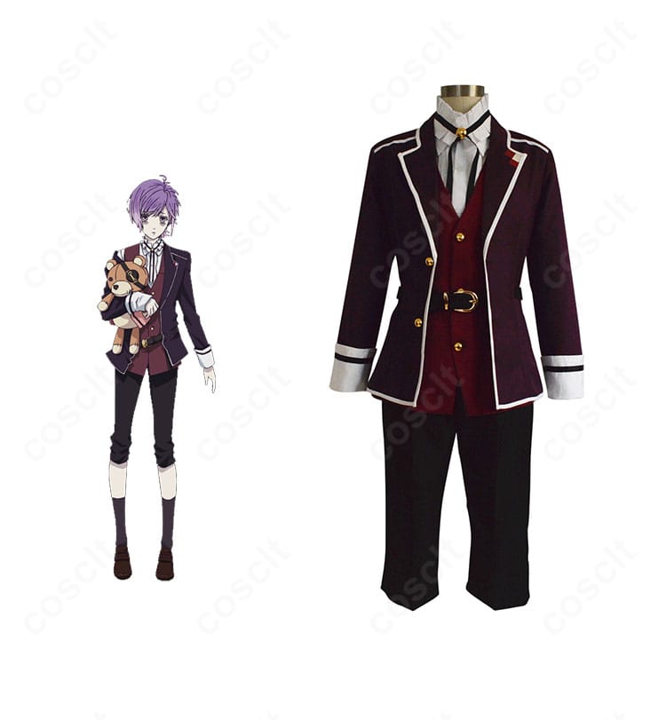 商品正面と逆巻カナトの学園制服コスプレ衣装一式。コート・ベスト・シャツ・リボン・ズボン・靴下のセット内容を確認できる画像。