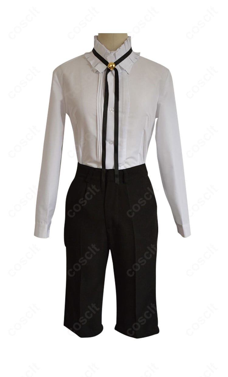 長袖シャツの装飾ディテール。襟元とリボンの結び、ステッチやカフスの仕立てを再現したクローズアップ。