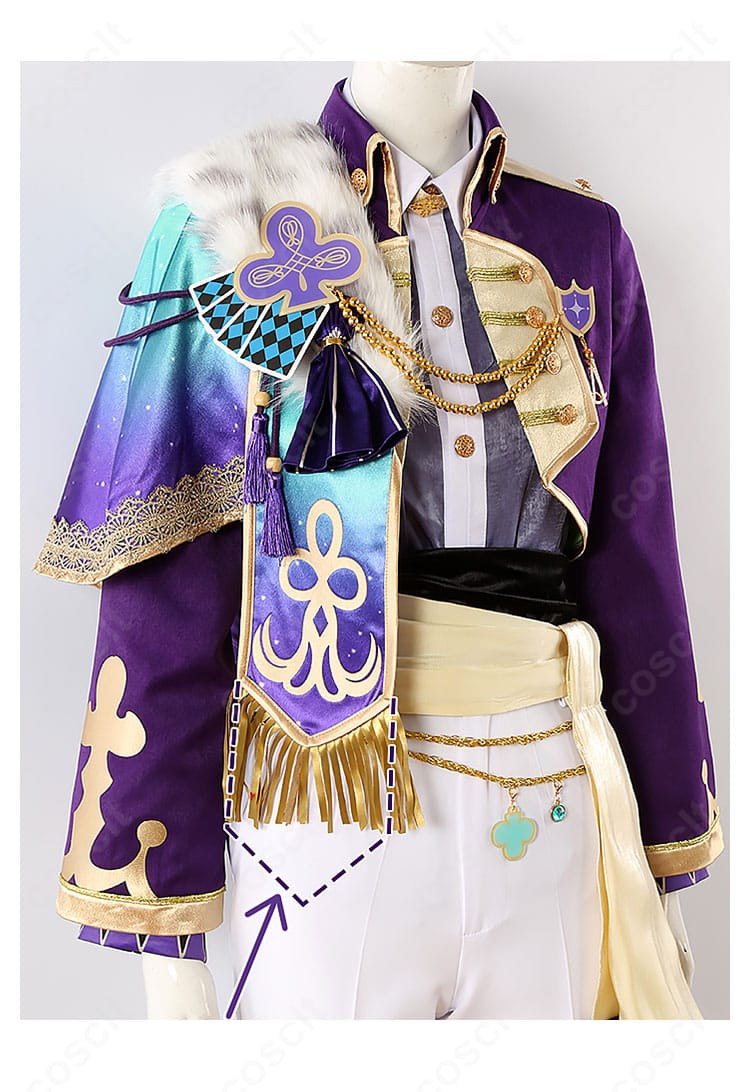 神代類 コスプレ衣装の装飾クローズアップ。胸飾りや金属調パーツの質感が映える精巧なディテール。