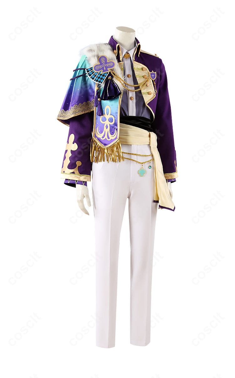 神代類 コスプレ衣装の側面。コートのラインとショールの落ち感、ベルト位置の立体バランスを確認できます。