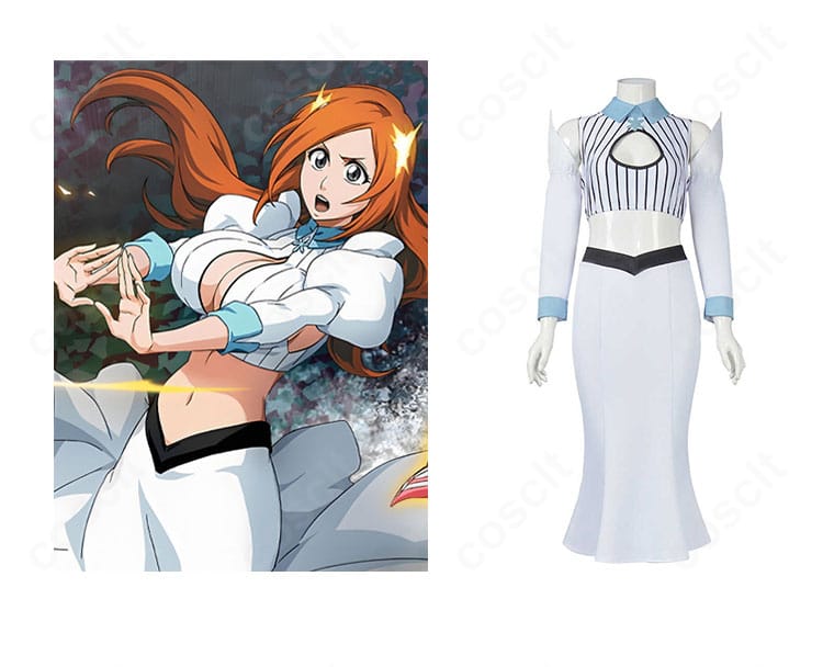 BLEACH 井上織姫の白ドレス風コスプレ衣装とキャラクター設定画像の組み合わせ。全身のシルエットと色味が分かる正面構図。