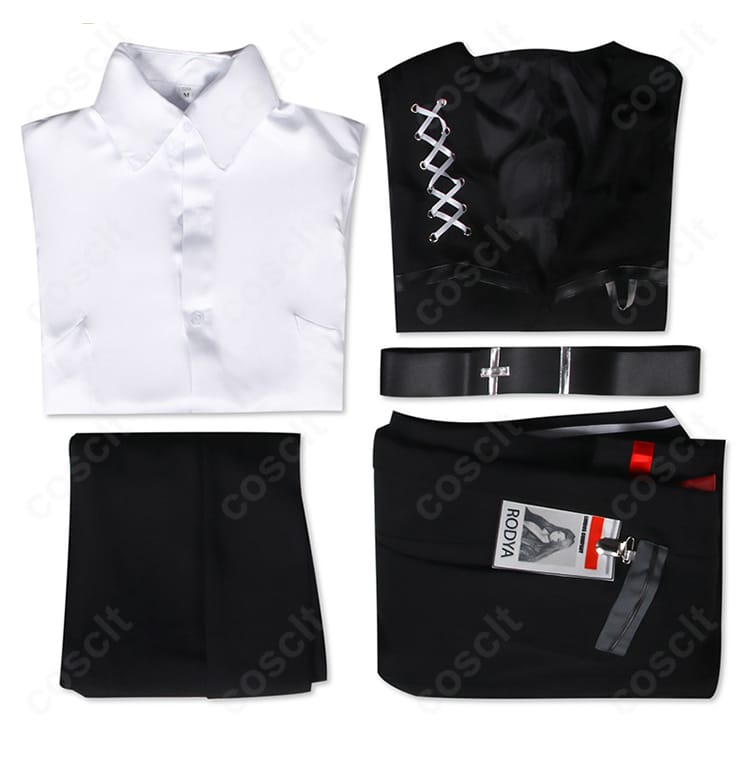Limbus Company ロージャ コスプレ衣装のセット内容一式。コート、シャツ、ベスト、ズボン、ベルトを並べて表示。