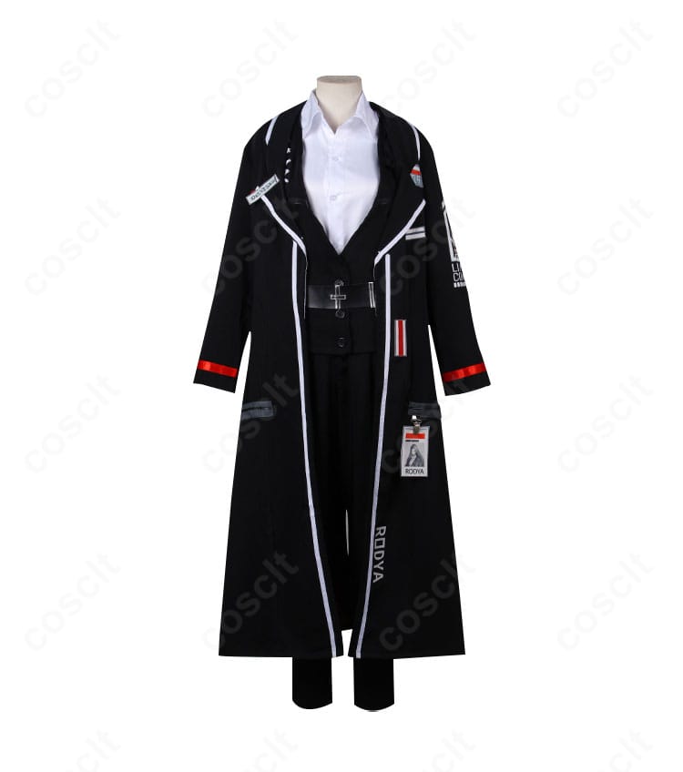 Limbus Company ロージャ コスプレ衣装の正面ビュー。コート・ベスト・シャツの重ねと直線的ラインがわかる全身。