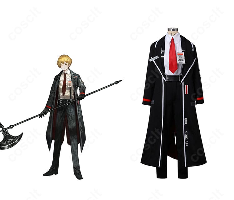 Limbus Company シンクレア制服コスプレ 正面とキャラクター比較、黒外套とIDカード風装飾の高再現デザイン