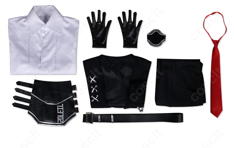 セット内容一式を並べた画像。ベスト、シャツ、ズボン、ネクタイ、ベルト、手鎧、手袋の同梱が一目で分かる