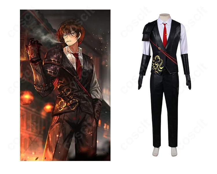 Limbus Company グレゴール・ザムザのコスプレ衣装とキャラクター比較。肩鎧と手鎧を含む戦闘制服の再現ポイントが一目で分かる正面構図。