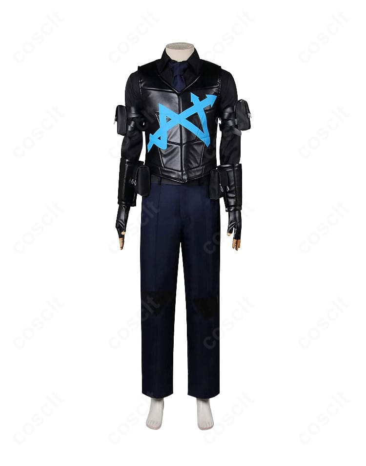 Limbus Company ホンル コスプレ衣装のフロントビュー。シャツ+ベスト+パンツとネクタイの直線的なラインを強調。