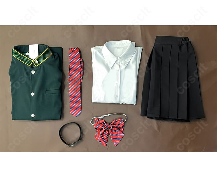 WIND BREAKER 椿野佑 制服コスプレのセット内容一式。コート、シャツ、スカート、ネクタイ、リボン、チョーカーを並べた画像。