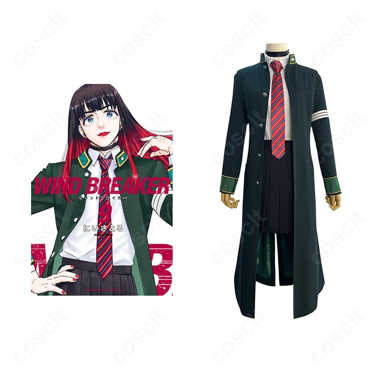 WIND BREAKER 椿野佑 制服コスプレの正面全体。ブレザーとシャツ、スカートの配色を忠実に再現したセットアップ。