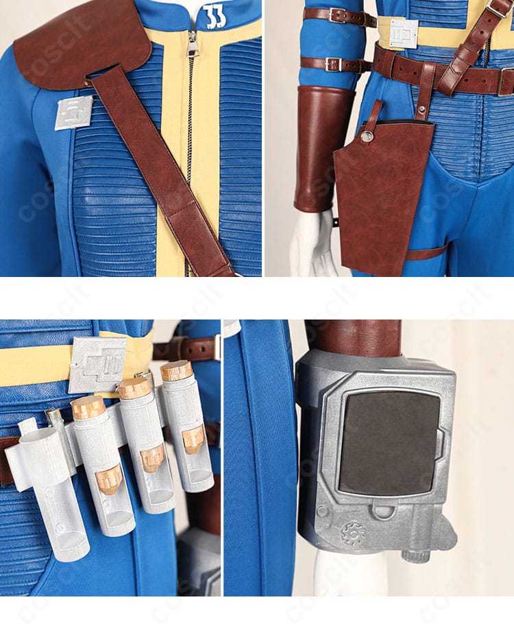 付属アクセサリーの集合。ホルスター、ベルト、手首飾りなど小物の質感と固定方式。