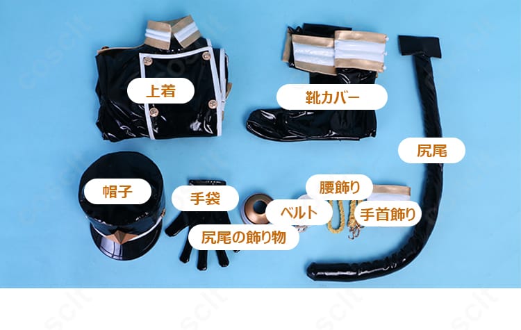 阿良河キウィ衣装のセット内容一式。上着、帽子、ベルト、腰飾り、手首飾り、手袋、靴カバー、尻尾、尻尾の飾り物を一覧で確認。