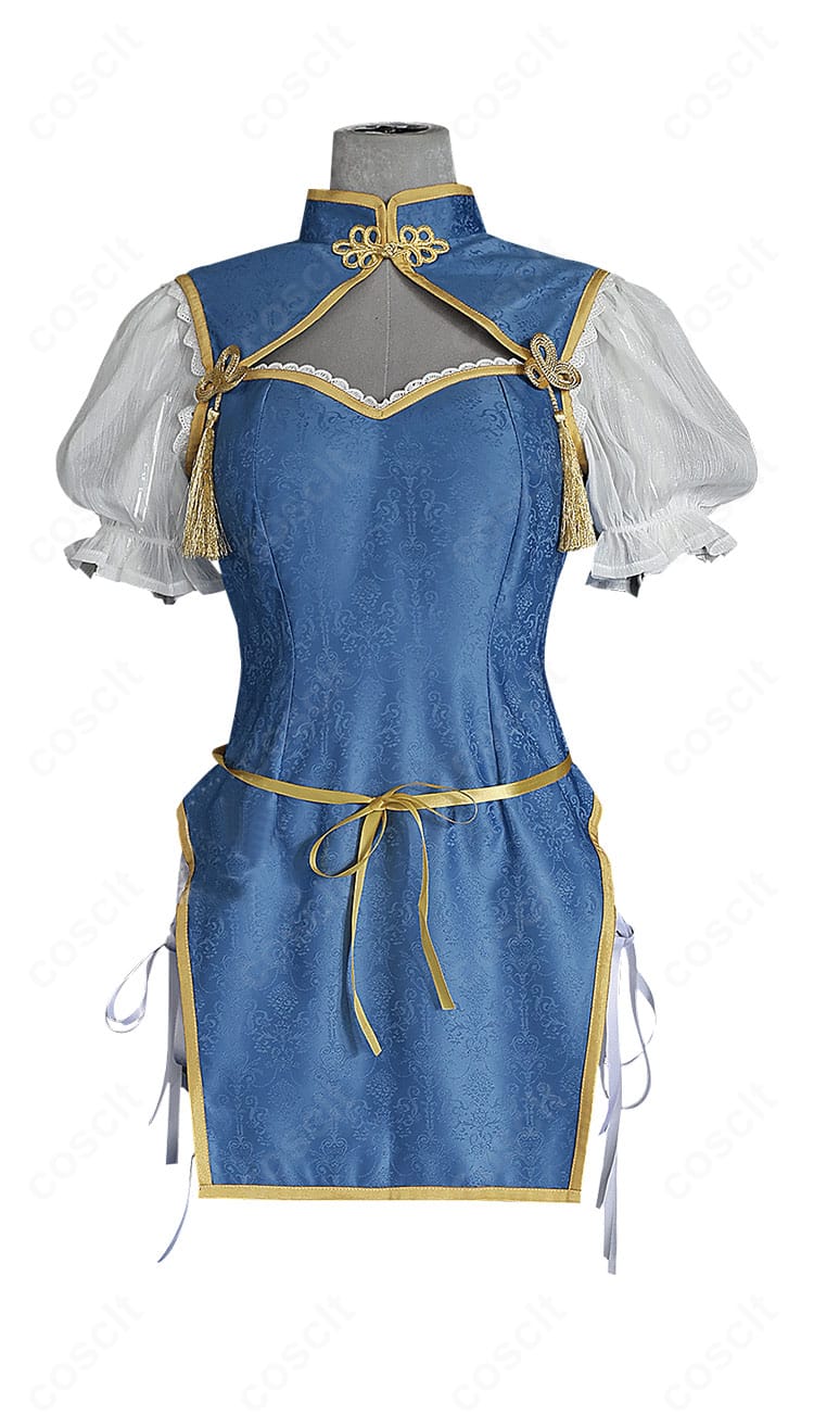 ルーシィ・ハートフィリア チャイナドレス衣装の正面全身。鮮やかな発色と襟元のチャイナボタンが映えるデザイン。