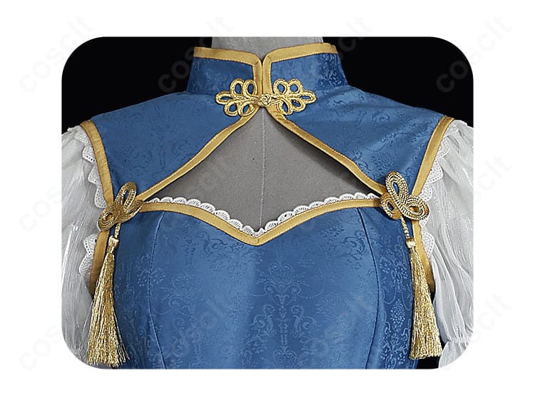 ルーシィ・ハートフィリア チャイナドレス衣装の首元アップ。襟の形状と精巧な刺繍風装飾が確認できる。