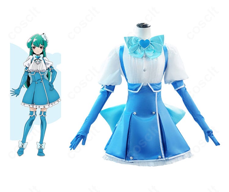 商品正面とキャラクターの組み合わせ画像。水神小夜(マジアアズール)コスプレ衣装の全体像と配色バランスが分かる解説カット。