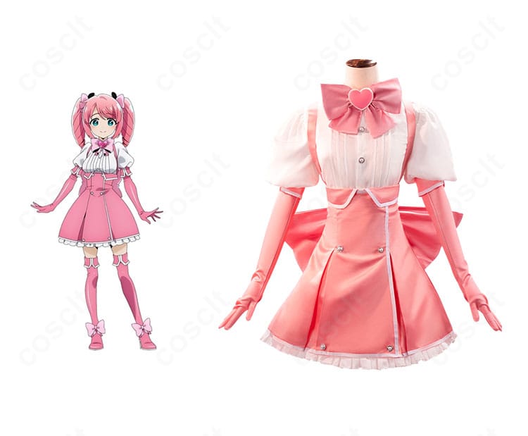 魔法少女にあこがれて 花菱はるか(マジアマゼンタ)のコスプレ一式とキャラクターイメージを並置。ピンク基調と大きな背面リボンを強調。