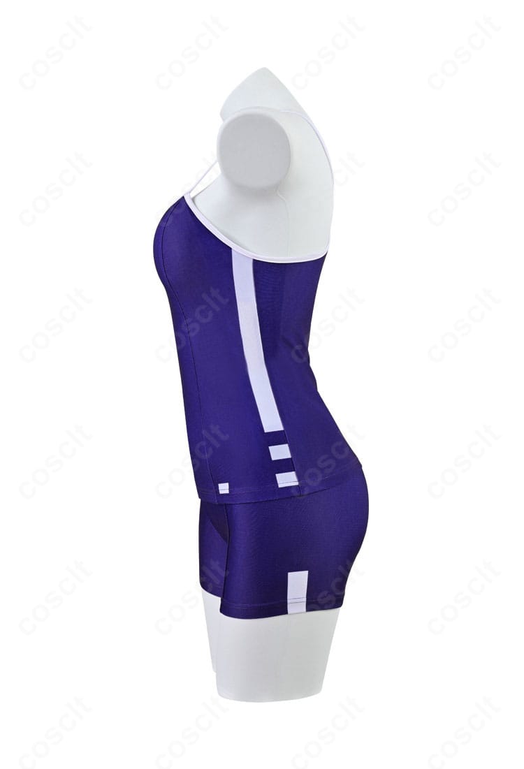 左肩の装飾と肩紐の縫製ディテール。ウマ娘 プリティーダービー風競泳水着のステッチとパターンを強調。