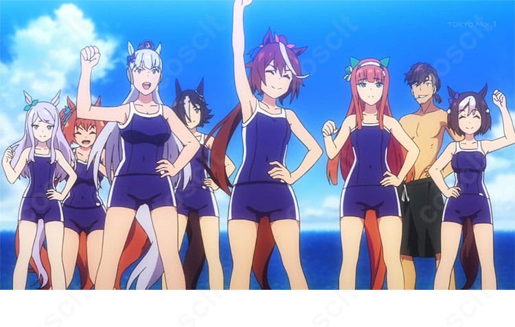 ウマ娘 プリティーダービー風の競泳水着コスプレ衣装。スポーティなトップスとショートパンツのセットアップ。