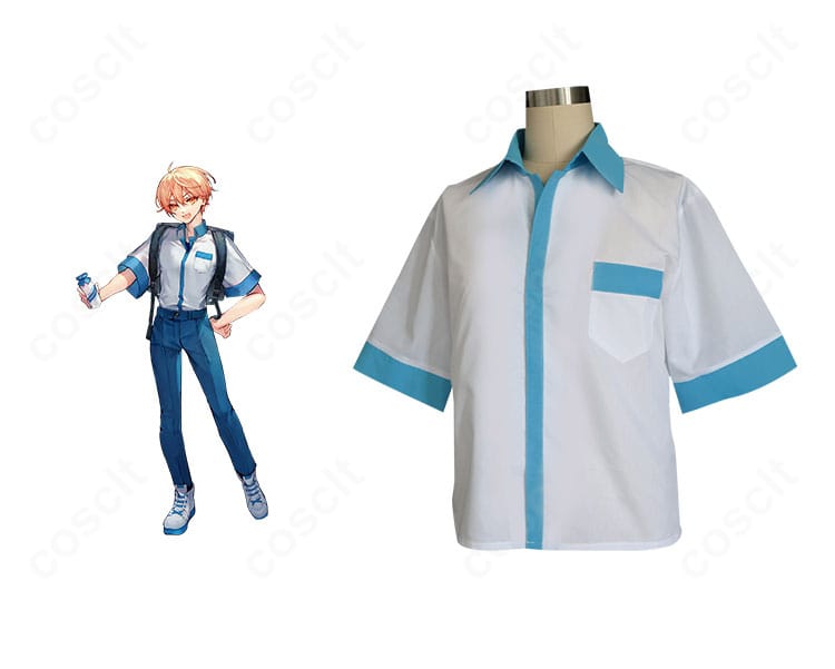 プロジェクトセカイ 天馬司 ローソンコラボ衣装の正面全身とキャラクター比較。刺繍調ロゴや配色を忠実再現し、オーダーメイド対応でフィット感を高めた高再現モデル。