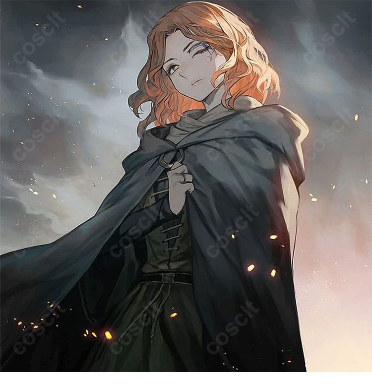 メリナの雰囲気を再現したローブ＆マント一式の全身イメージ。静謐な配色と装飾が特徴のコスプレ衣装