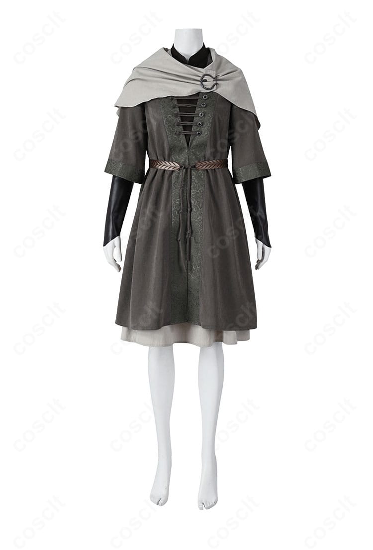 スカート前面の装飾と縫製ディテール。直線と曲線のバランスが映える構成