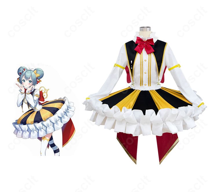 初音ミク MIKU EXPO 2023 VR 採用衣装イメージのコスプレ一式とキャラクターが並ぶ正面全体像