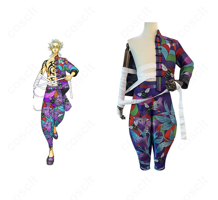 東京卍リベンジャーズ 灰谷竜胆 新体験展衣装の正面全身。高コントラスト配色と直線的シルエットで再現度の高い仕上がり。